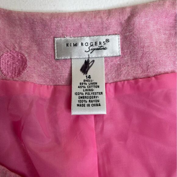 Kim Rogers Signature Pink Linen Polka Dot Embroidered Open Front Jacket Women 14 - Picture 6 of 11